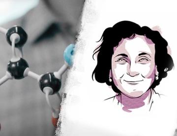 An image of a plastic cell model next to a drawing of Sabine Hadida, Vice President, Research, and San Diego Site Head at Vertex Pharmaceuticals
