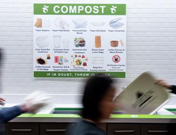 An image of Vertexians emptying a food tray into a bin labeled "Compost," with a sign in the background detailing the various items that can be placed into the compost bins.